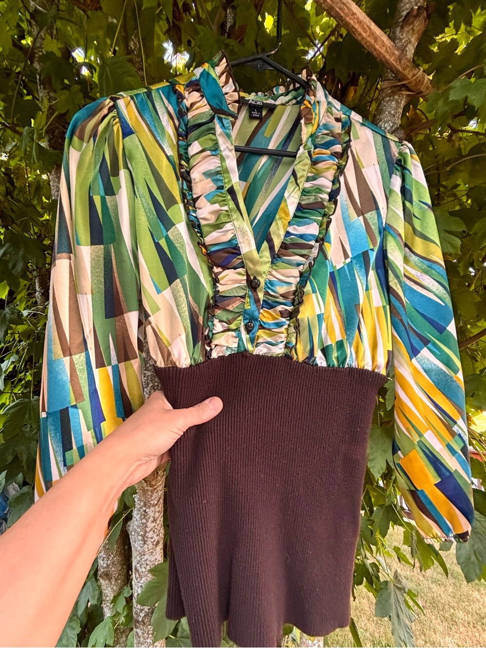 AGB Green Multi-Print Ruffle V-Neck Blouse with Black Knit Waist